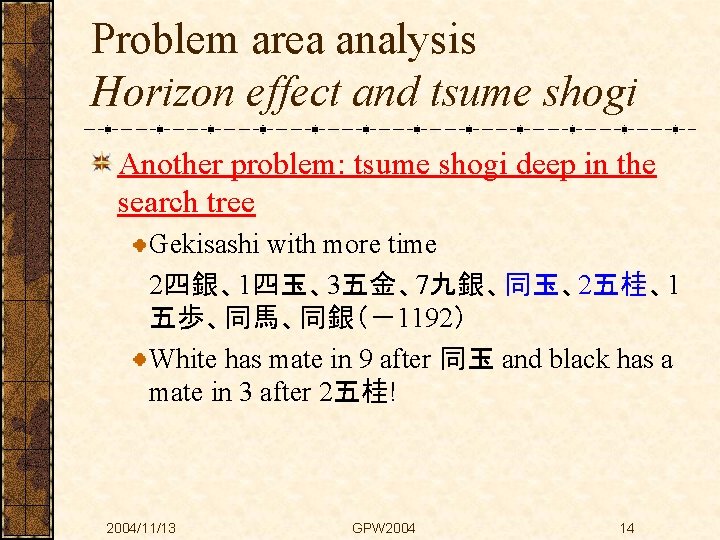 Problem area analysis Horizon effect and tsume shogi Another problem: tsume shogi deep in