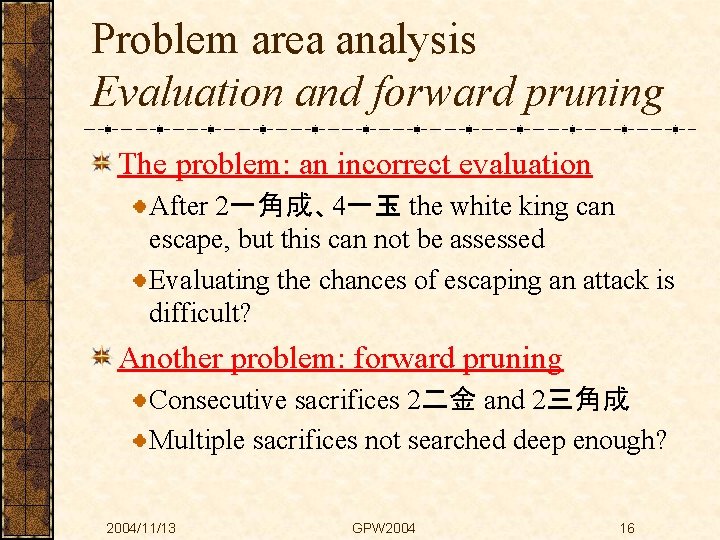 Problem area analysis Evaluation and forward pruning The problem: an incorrect evaluation After 2一角成、4一玉