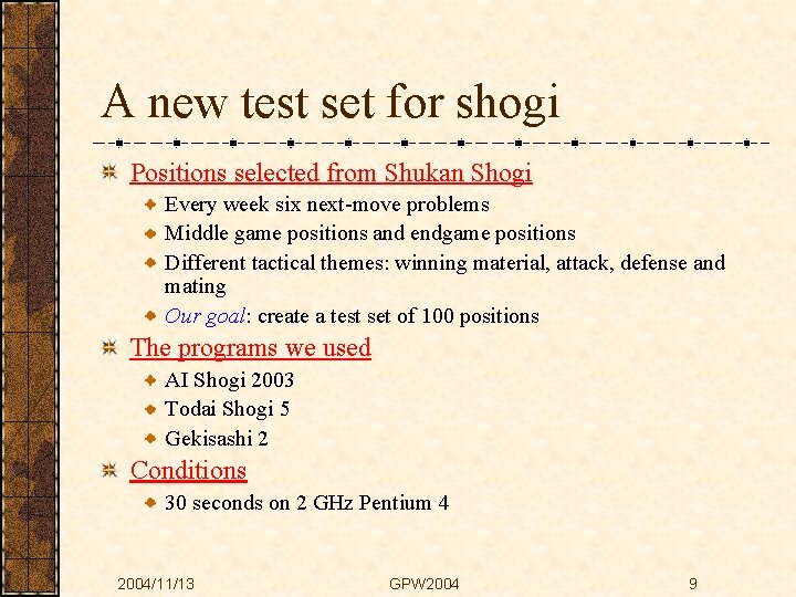 A new test set for shogi Positions selected from Shukan Shogi Every week six