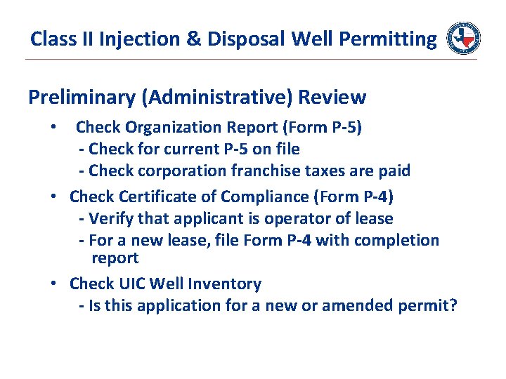 Class II Injection & Disposal Well Permitting Preliminary (Administrative) Review Check Organization Report (Form