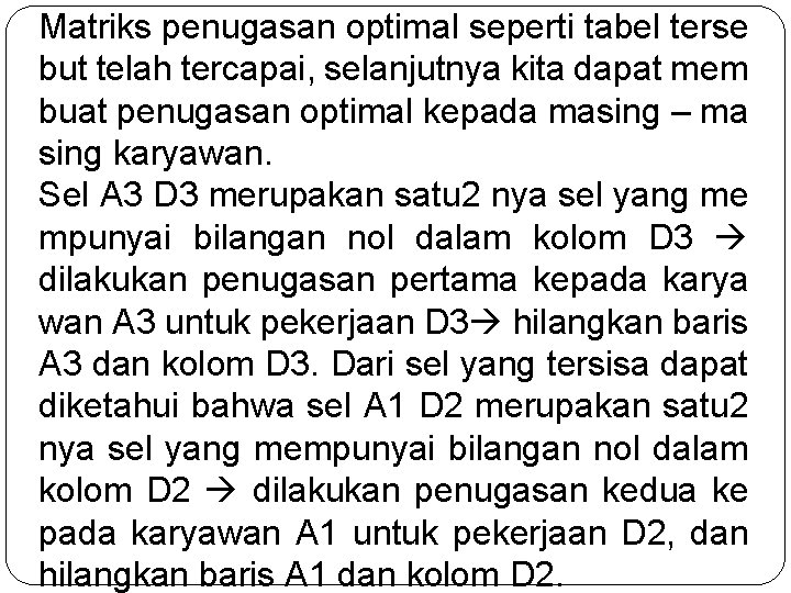 Matriks penugasan optimal seperti tabel terse but telah tercapai, selanjutnya kita dapat mem buat Matriks penugasan optimal seperti tabel terse but telah tercapai, selanjutnya kita dapat mem buat