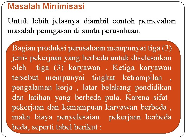 Masalah Minimisasi Untuk lebih jelasnya diambil contoh pemecahan masalah penugasan di suatu perusahaan. Bagian