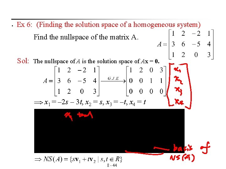 § Ex 6: (Finding the solution space of a homogeneous system) Find the nullspace