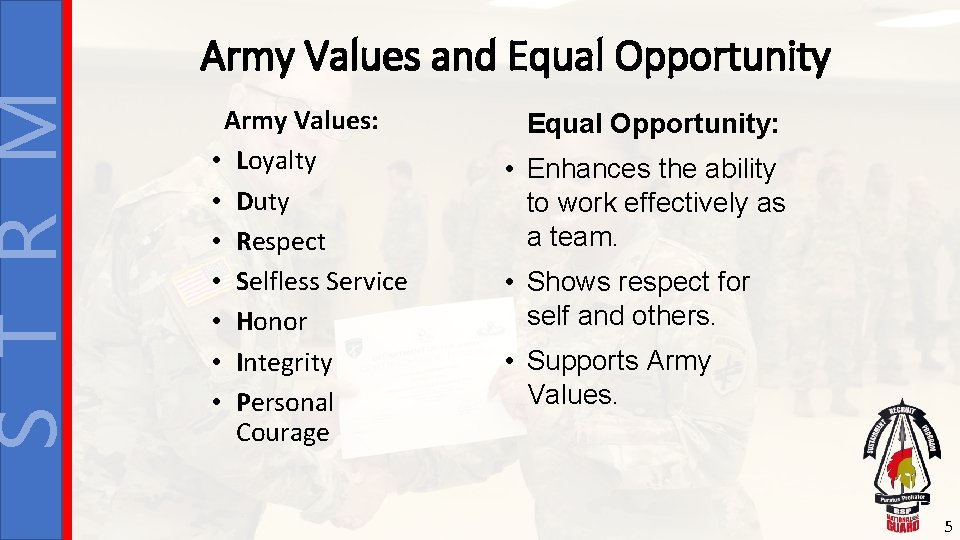 S T R M Army Values and Equal Opportunity Army Values: • Loyalty •