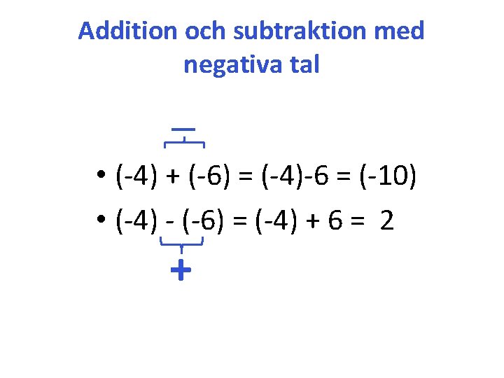 Addition och subtraktion med negativa tal ― • (-4) + (-6) = (-4)-6 =