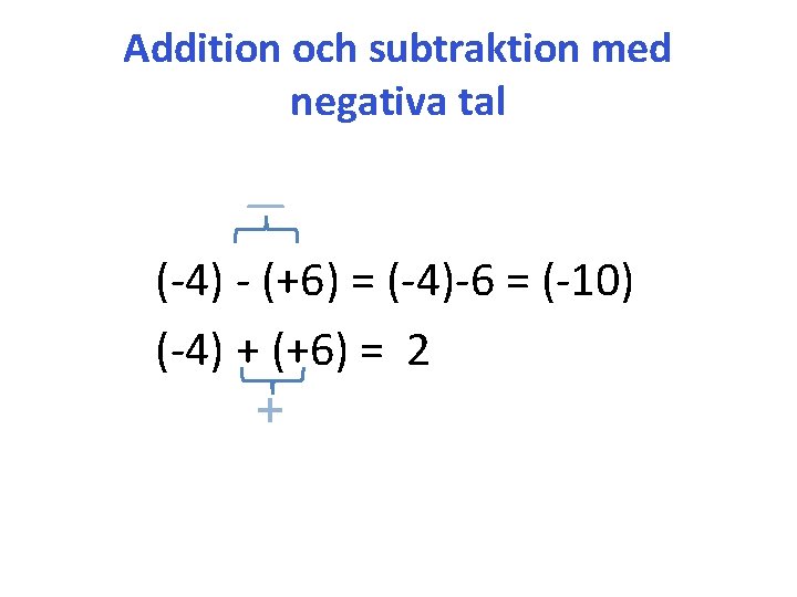Addition och subtraktion med negativa tal ― (-4) - (+6) = (-4)-6 = (-10)