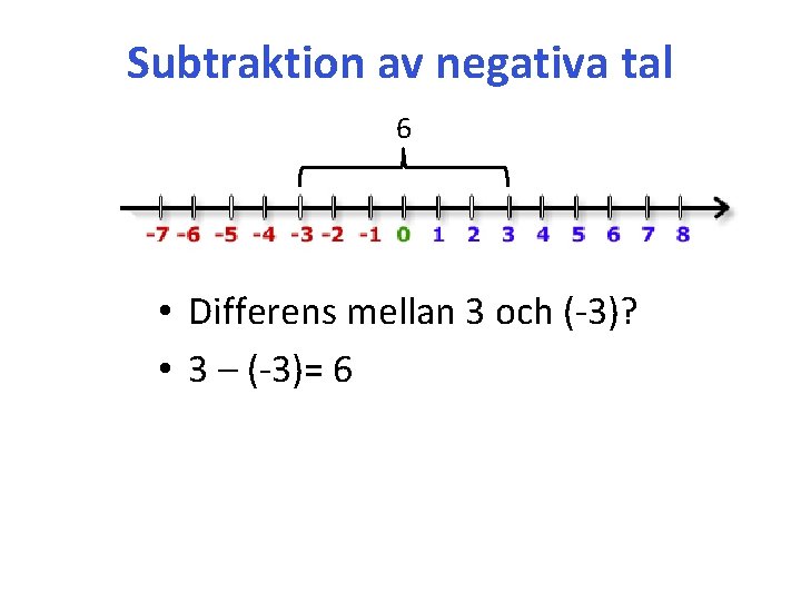 Subtraktion av negativa tal 6 • Differens mellan 3 och (-3)? • 3 –