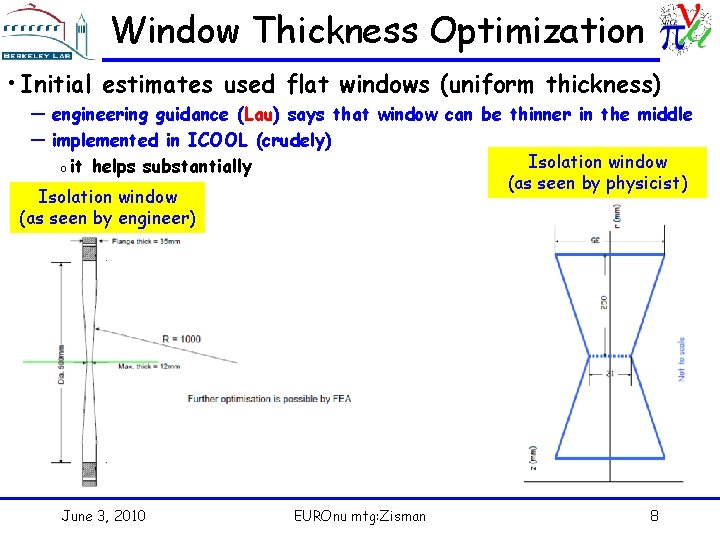 Window Thickness Optimization • Initial estimates used flat windows (uniform thickness) — engineering guidance
