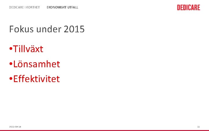 DEDICARE I KORTHET EKONOMISKT UTFALL Fokus under 2015 • Tillväxt • Lönsamhet • Effektivitet