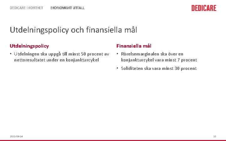 DEDICARE I KORTHET EKONOMISKT UTFALL Utdelningspolicy och finansiella mål Utdelningspolicy Finansiella mål • Utdelningen