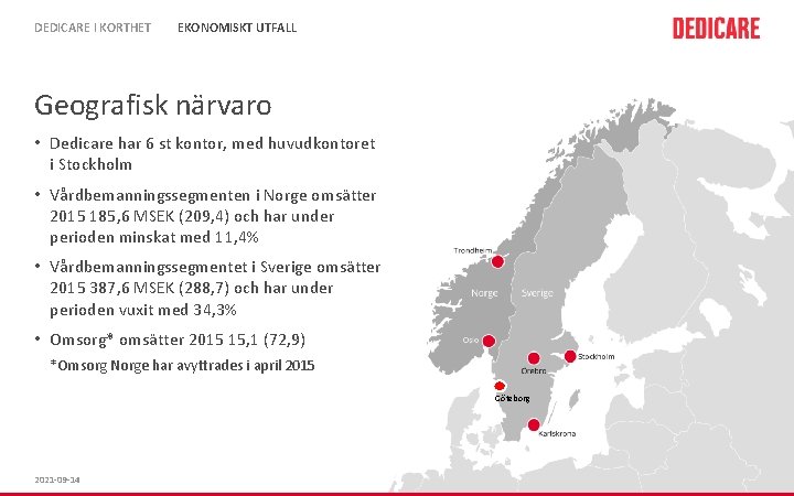 DEDICARE I KORTHET EKONOMISKT UTFALL Geografisk närvaro • Dedicare har 6 st kontor, med