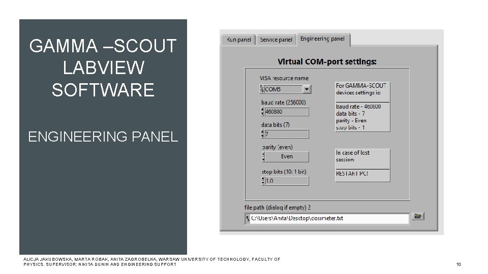 GAMMA –SCOUT LABVIEW SOFTWARE ENGINEERING PANEL ALICJA JAKUBOWSKA, MARTA ROBAK, ANITA ZAGROBELNA, WARSAW UNIVERSITY