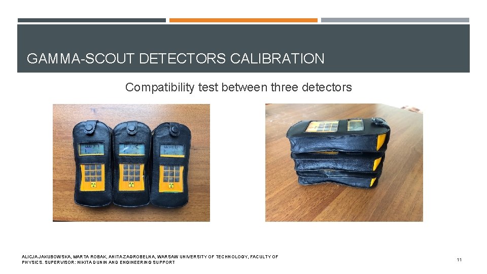 GAMMA-SCOUT DETECTORS CALIBRATION Compatibility test between three detectors ALICJA JAKUBOWSKA, MARTA ROBAK, ANITA ZAGROBELNA,