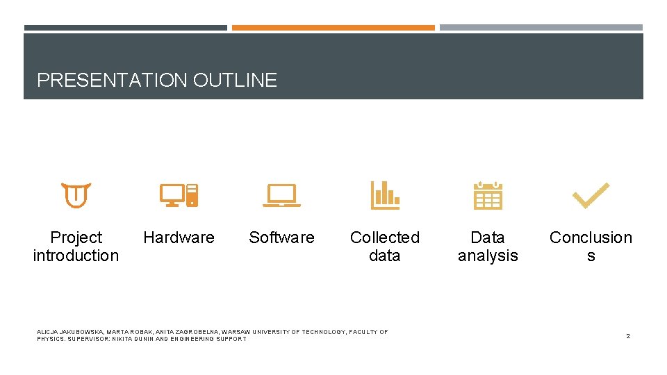 PRESENTATION OUTLINE Project introduction Hardware Software Collected data ALICJA JAKUBOWSKA, MARTA ROBAK, ANITA ZAGROBELNA,