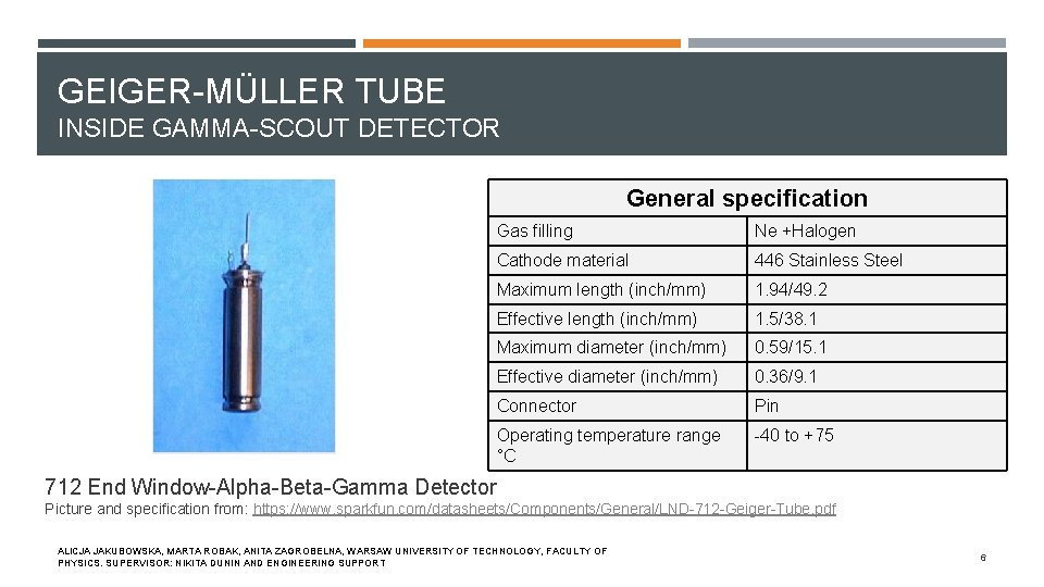 GEIGER-MÜLLER TUBE INSIDE GAMMA-SCOUT DETECTOR General specification Gas filling Ne +Halogen Cathode material 446