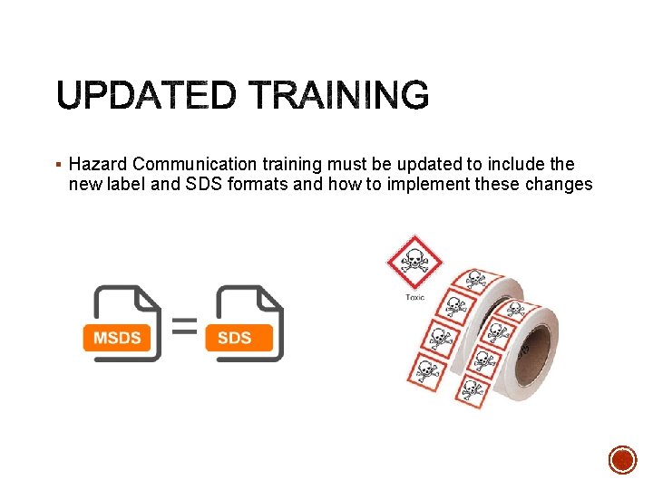 § Hazard Communication training must be updated to include the new label and SDS
