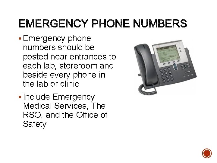 § Emergency phone numbers should be posted near entrances to each lab, storeroom and