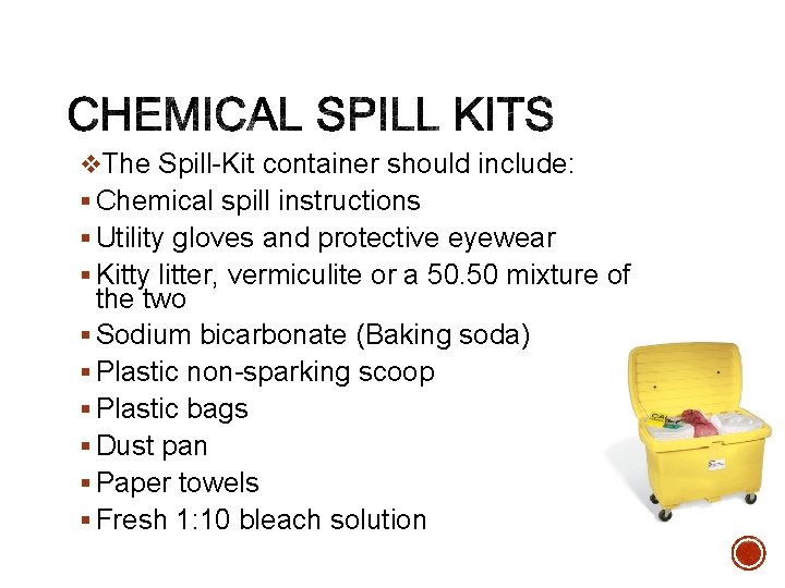 v. The Spill-Kit container should include: § Chemical spill instructions § Utility gloves and