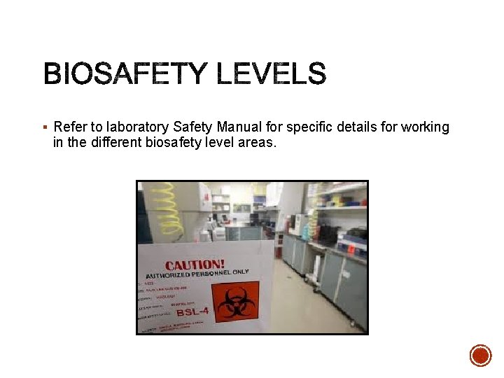 § Refer to laboratory Safety Manual for specific details for working in the different