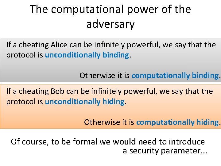 The computational power of the adversary If a cheating Alice can be infinitely powerful, The computational power of the adversary If a cheating Alice can be infinitely powerful,