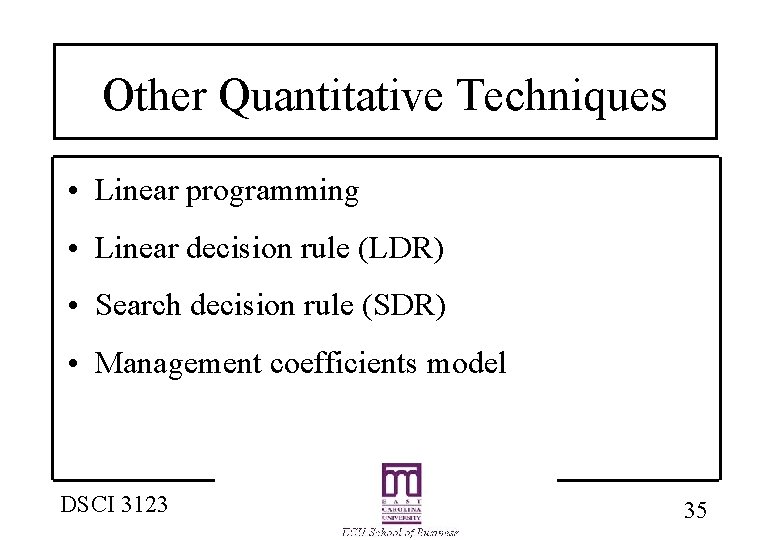 Other Quantitative Techniques • Linear programming • Linear decision rule (LDR) • Search decision