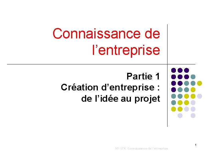Connaissance de l’entreprise Partie 1 Création d’entreprise : de l’idée au projet 1 M