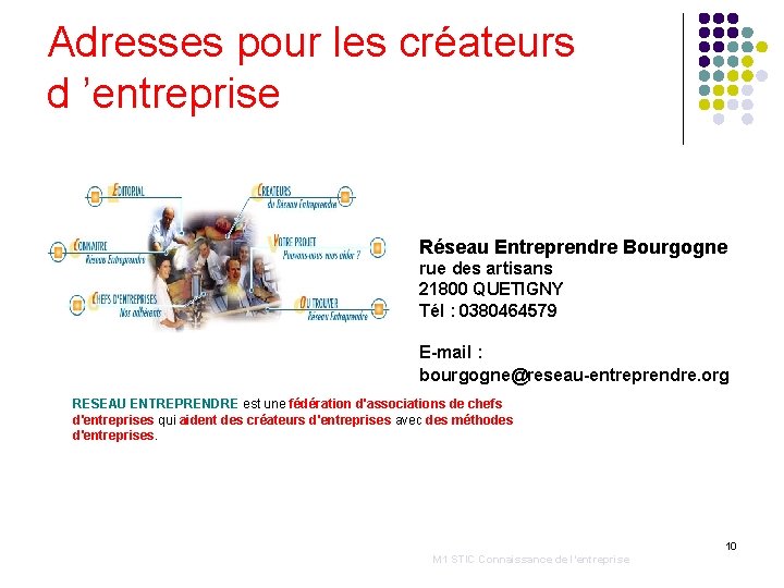 Adresses pour les créateurs d ’entreprise Isère Entreprendre Réseau Entreprendre Bourgogne rue des artisans