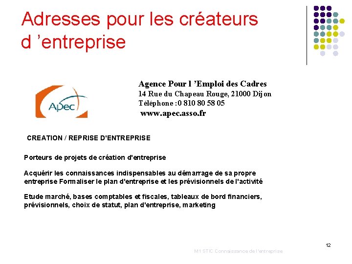 Adresses pour les créateurs d ’entreprise Agence Pour l ’Emploi des Cadres 14 Rue