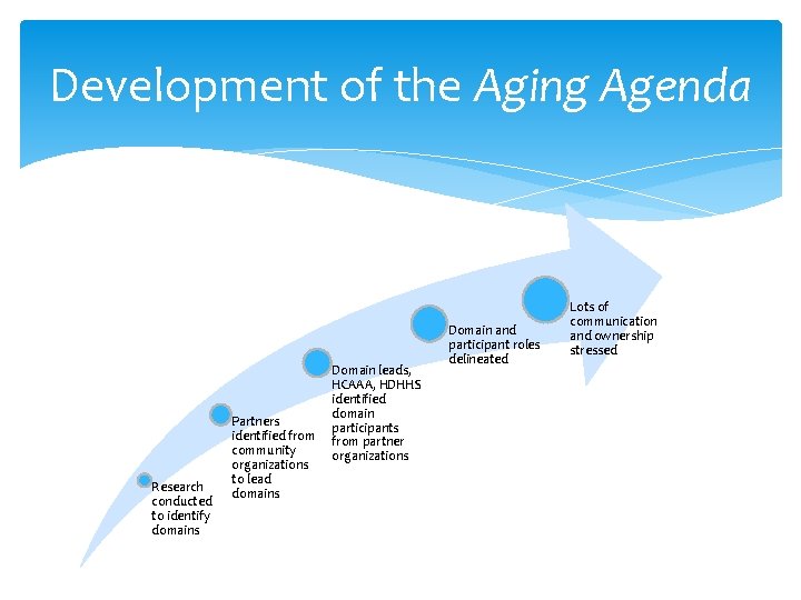 Development of the Aging Agenda Research conducted to identify domains Partners identified from community