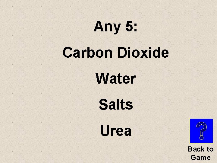 Any 5: Carbon Dioxide Water Salts Urea Back to Game 