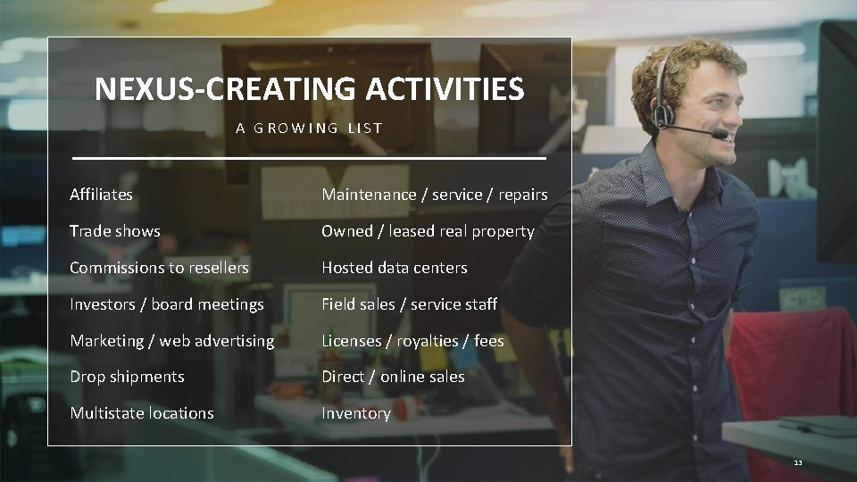 NEXUS-CREATING ACTIVITIES A GROWING LIST Affiliates Maintenance / service / repairs Trade shows Owned