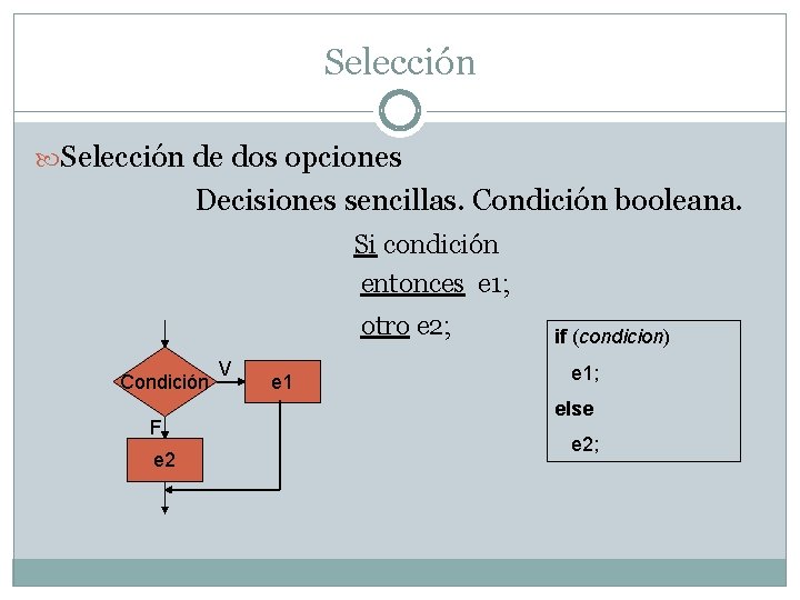 Selección de dos opciones Decisiones sencillas. Condición booleana. Si condición entonces e 1; otro