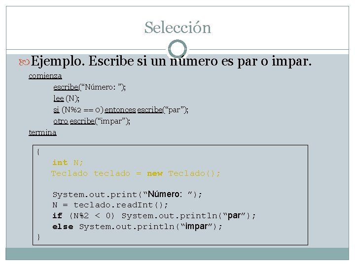 Selección Ejemplo. Escribe si un número es par o impar. comienza escribe(“Número: ”); lee