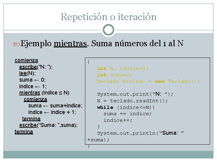 Repetición o iteración Ejemplo mientras. Suma números del 1 al N comienza { escribe(“N: