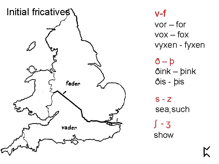 Initial fricatives v-f vor – for vox – fox vyxen - fyxen ð–þ ðink