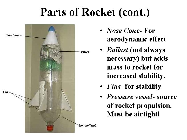 Parts of Rocket (cont. ) • Nose Cone- For aerodynamic effect • Ballast (not