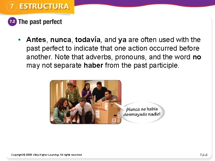  • Antes, nunca, todavía, and ya are often used with the past perfect