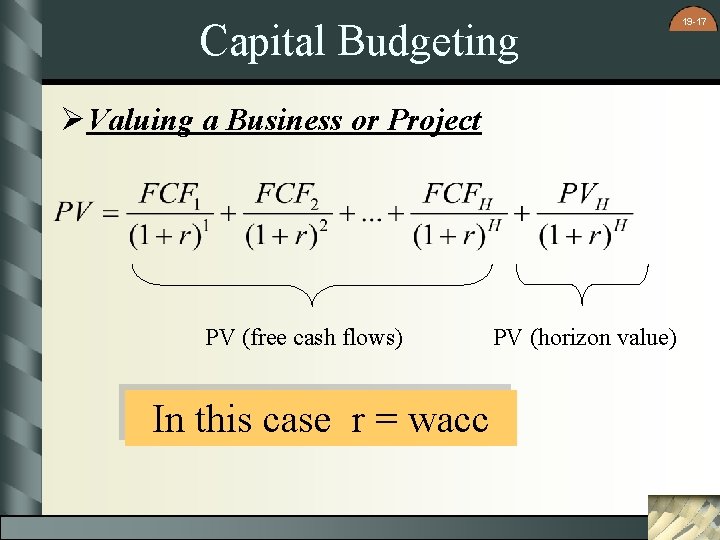 Capital Budgeting ØValuing a Business or Project PV (free cash flows) In this case