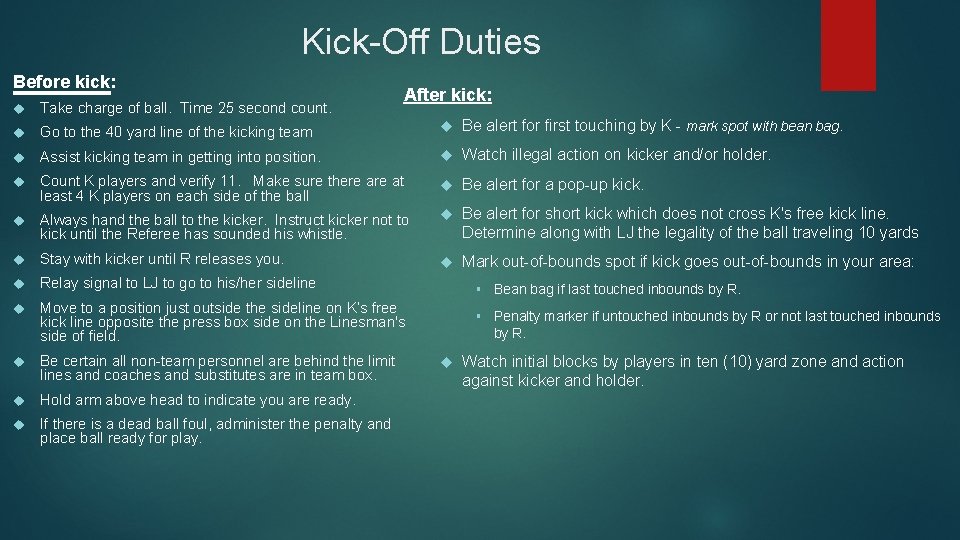 Kick-Off Duties Before kick: After kick: Take charge of ball. Time 25 second count.