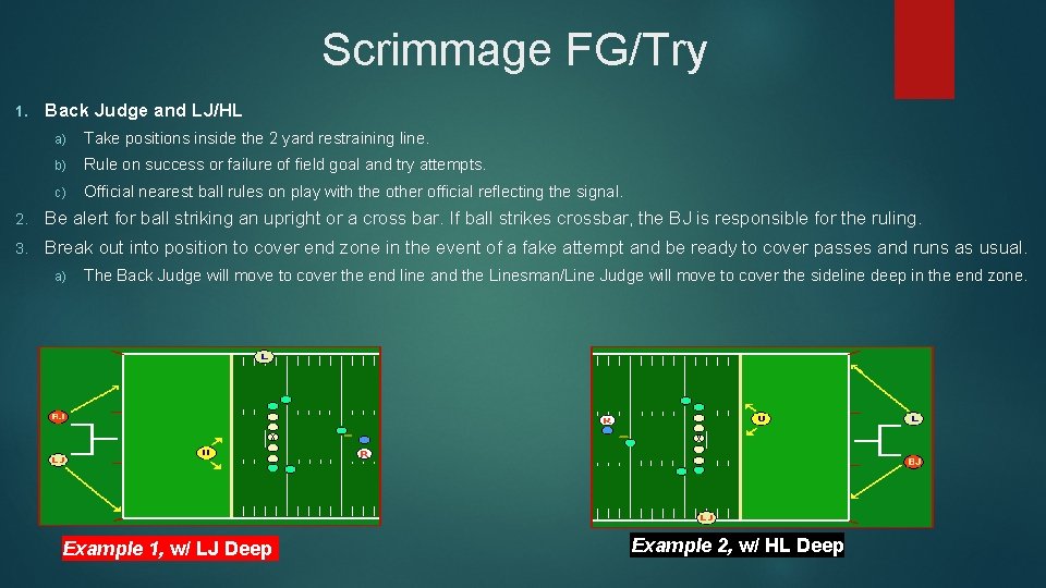 Scrimmage FG/Try 1. Back Judge and LJ/HL a) Take positions inside the 2 yard