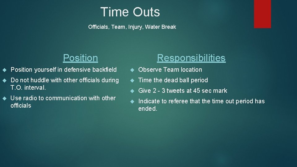 Time Outs Officials, Team, Injury, Water Break Position Responsibilities Position yourself in defensive backfield