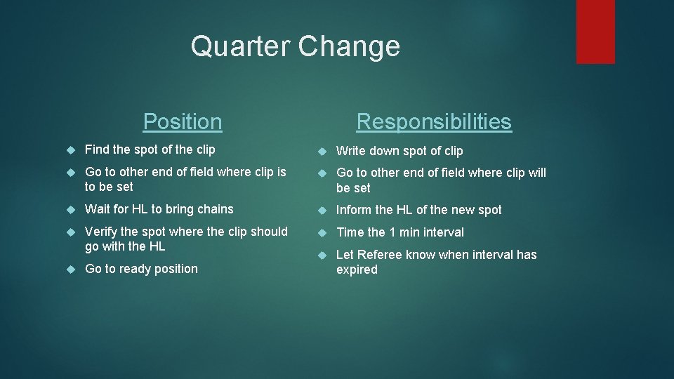 Quarter Change Position Responsibilities Find the spot of the clip Write down spot of