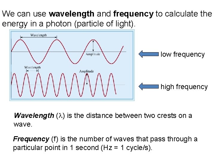 We can use wavelength and frequency to calculate the energy in a photon (particle We can use wavelength and frequency to calculate the energy in a photon (particle