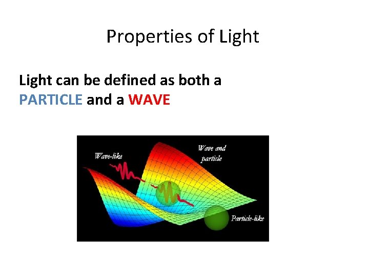 Properties of Light can be defined as both a PARTICLE and a WAVE. Properties of Light can be defined as both a PARTICLE and a WAVE.