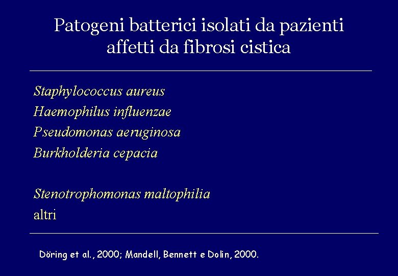 Patogeni batterici isolati da pazienti affetti da fibrosi cistica Staphylococcus aureus Haemophilus influenzae Pseudomonas