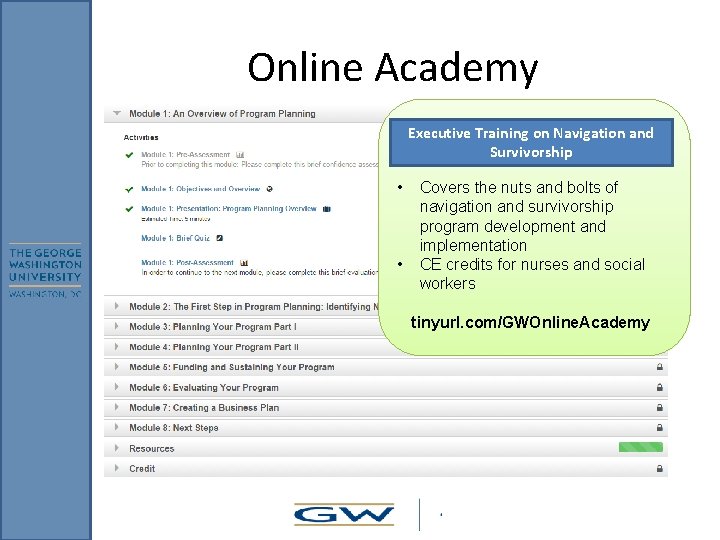 Online Academy Executive Training on Navigation and Survivorship • • Covers the nuts and