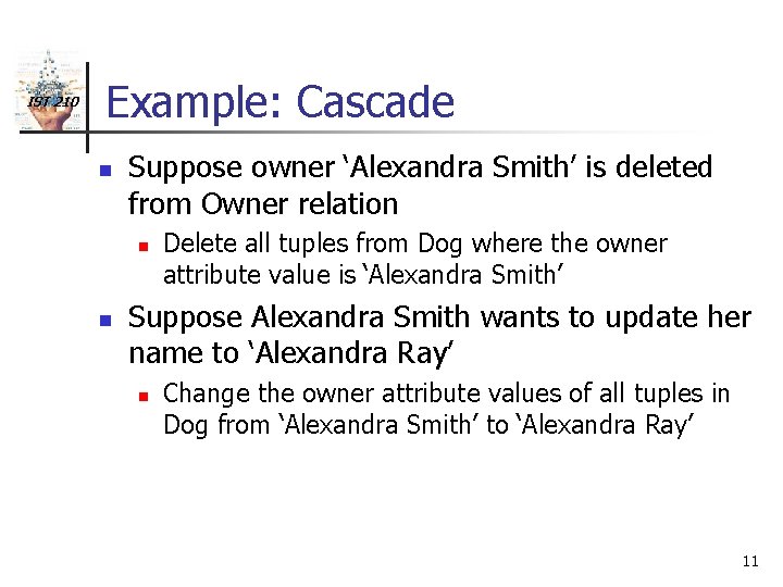 IST 210 Example: Cascade n Suppose owner ‘Alexandra Smith’ is deleted from Owner relation