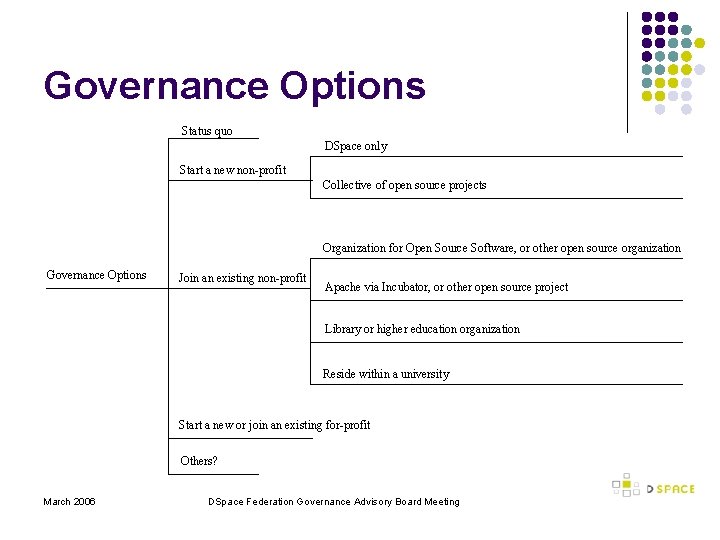 Governance Options Status quo DSpace only Start a new non-profit Collective of open source