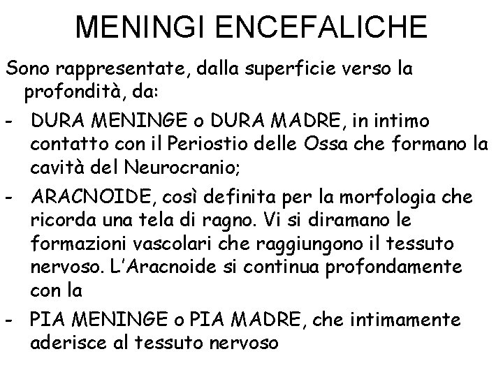 MENINGI ENCEFALICHE Sono rappresentate, dalla superficie verso la profondità, da: - DURA MENINGE o