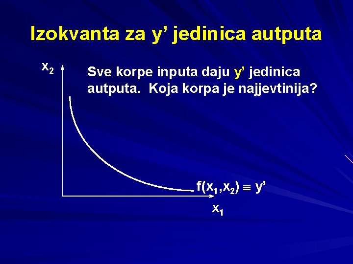 Izokvanta za y’ jedinica autputa x 2 Sve korpe inputa daju y’ jedinica autputa.